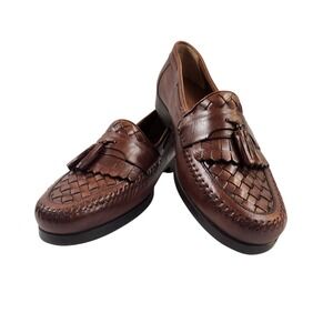 George Mens 10.5 D Brown Leather Loafers Tassel Weave‎ Mocassin Toe Dress Shoe